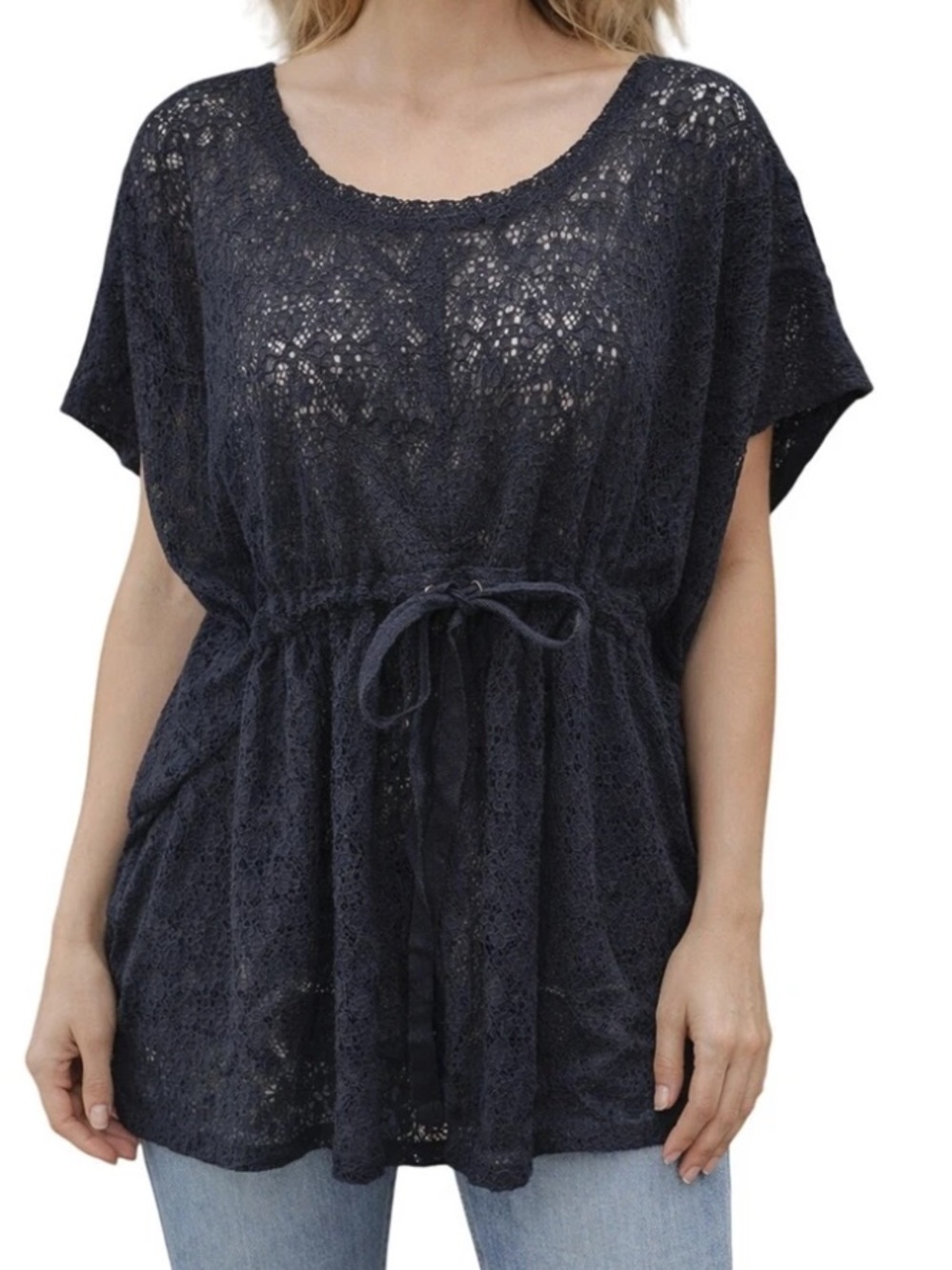 Eddie Bauer Black Lace Tie-Waist Tunic Blouse/swim cover-up